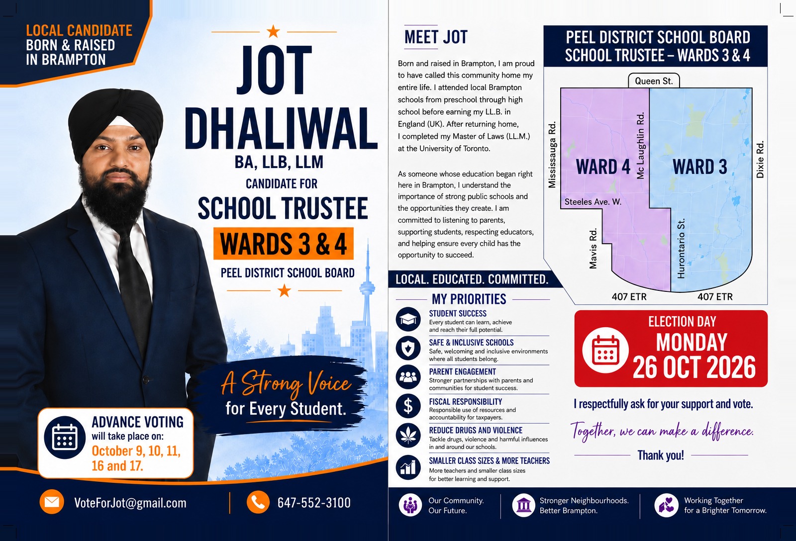 Jot Dhaliwal campaign card with candidate portrait, priorities, Brampton Wards 3 and 4 illustration and election date